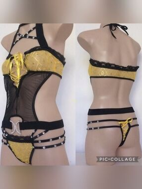 Trashy Strappy Lingerie Halter Teddy w Sheer Lace Mesh, Rhinestones & Buckle.